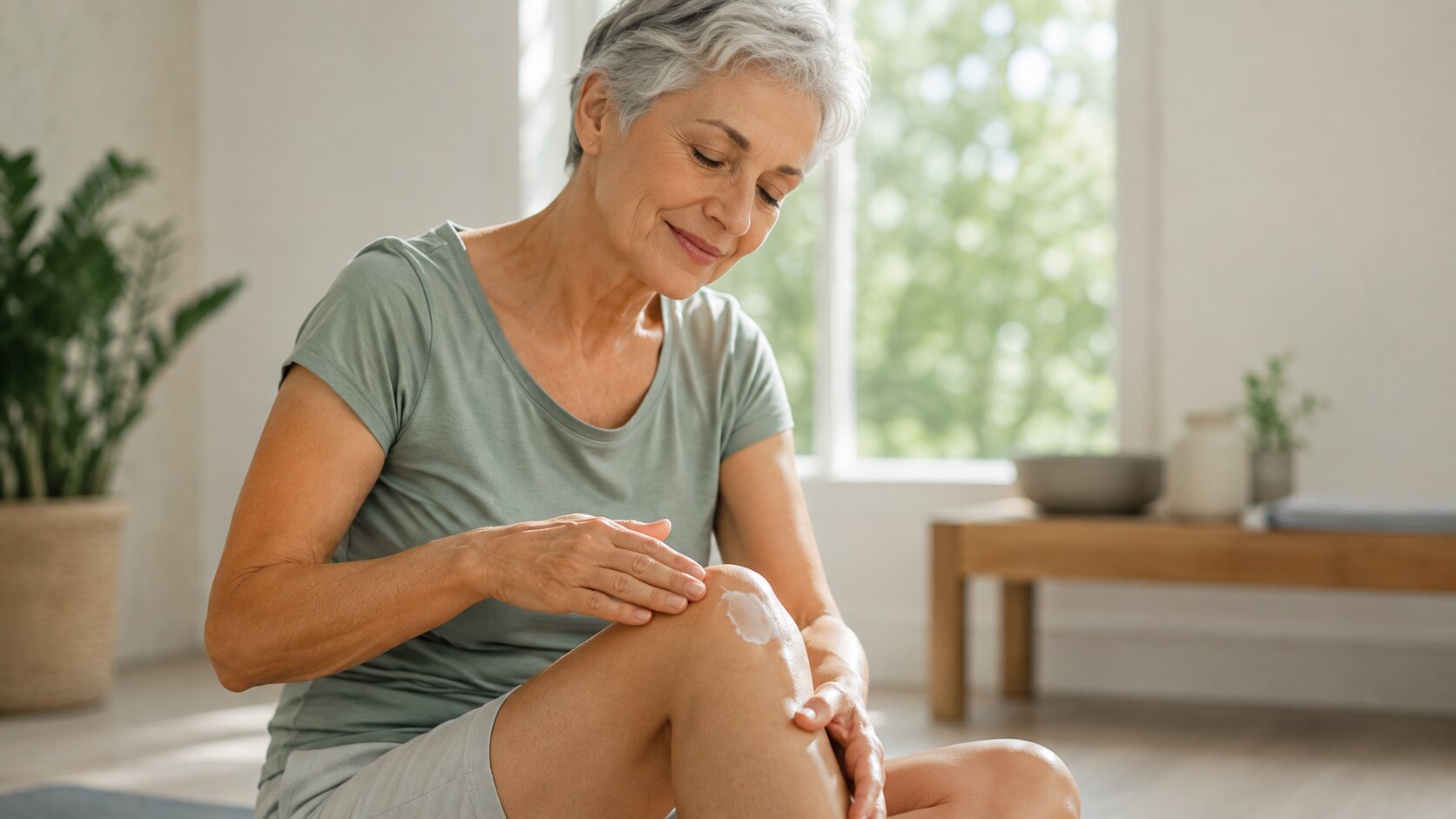 Woman applying a topical cream to her knee at home